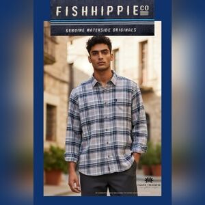 FISHHIPPIE CO. Rumfront Collection Men Sz Large Costal Inspired Blue Plaid Shirt
